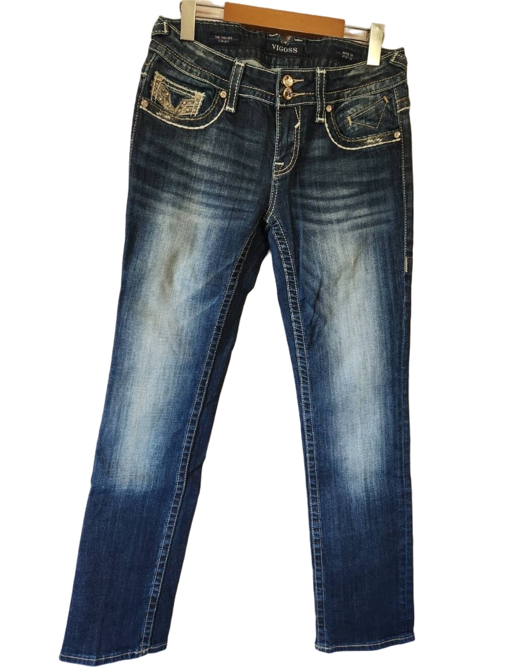 Vigoss The Chelsea Straight Jeans 28x32 Heavy Stitch Bling, Rhinestones NWOT